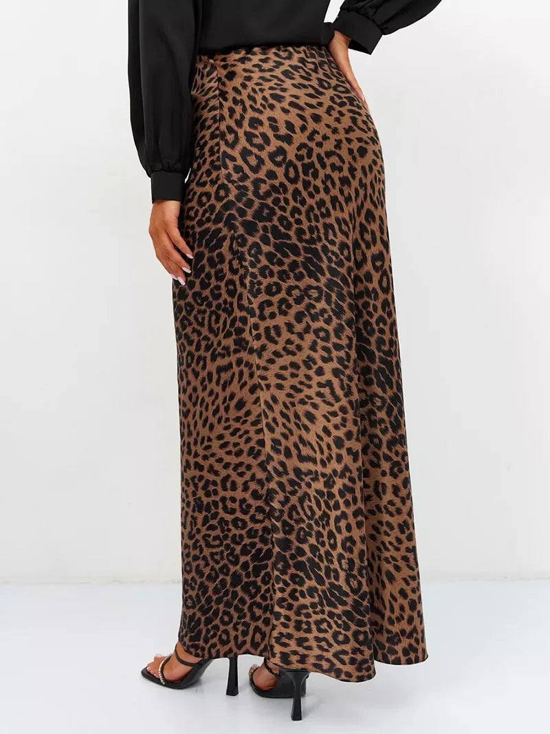 Leopard Print Satin Midi Skirt for Women - Elegant Casual Wear with Flowy Design and Comfortable Fit