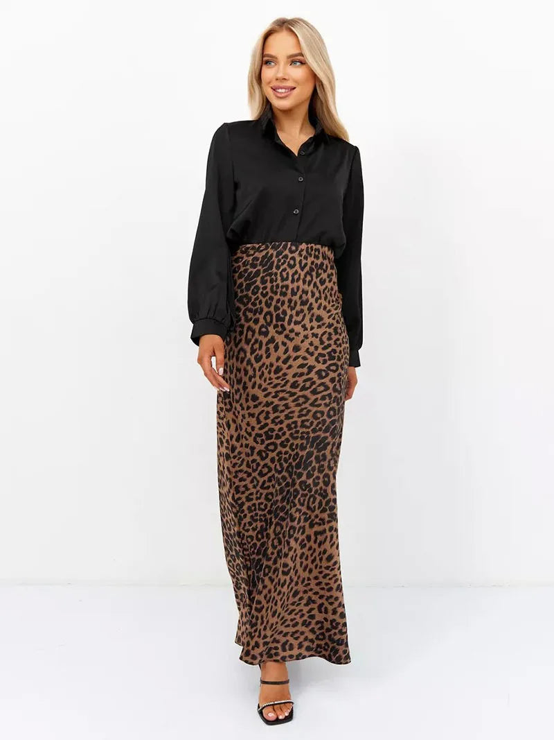 Leopard Print Satin Midi Skirt for Women - Elegant Casual Wear with Flowy Design and Comfortable Fit