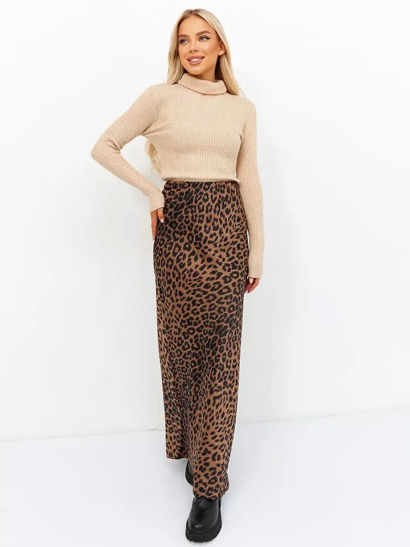Leopard Print Satin Midi Skirt for Women - Elegant Casual Wear with Flowy Design and Comfortable Fit