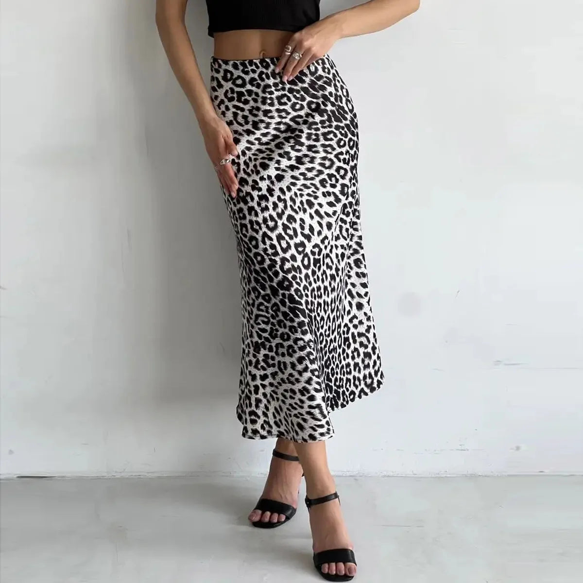 Leopard Print Satin Midi Skirt for Women - Elegant Casual Wear with Flowy Design and Comfortable Fit
