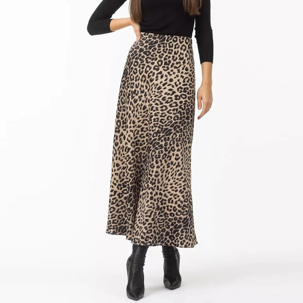 Leopard Print Satin Midi Skirt for Women - Elegant Casual Wear with Flowy Design and Comfortable Fit
