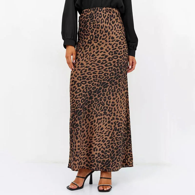 Leopard Print Satin Midi Skirt for Women - Elegant Casual Wear with Flowy Design and Comfortable Fit
