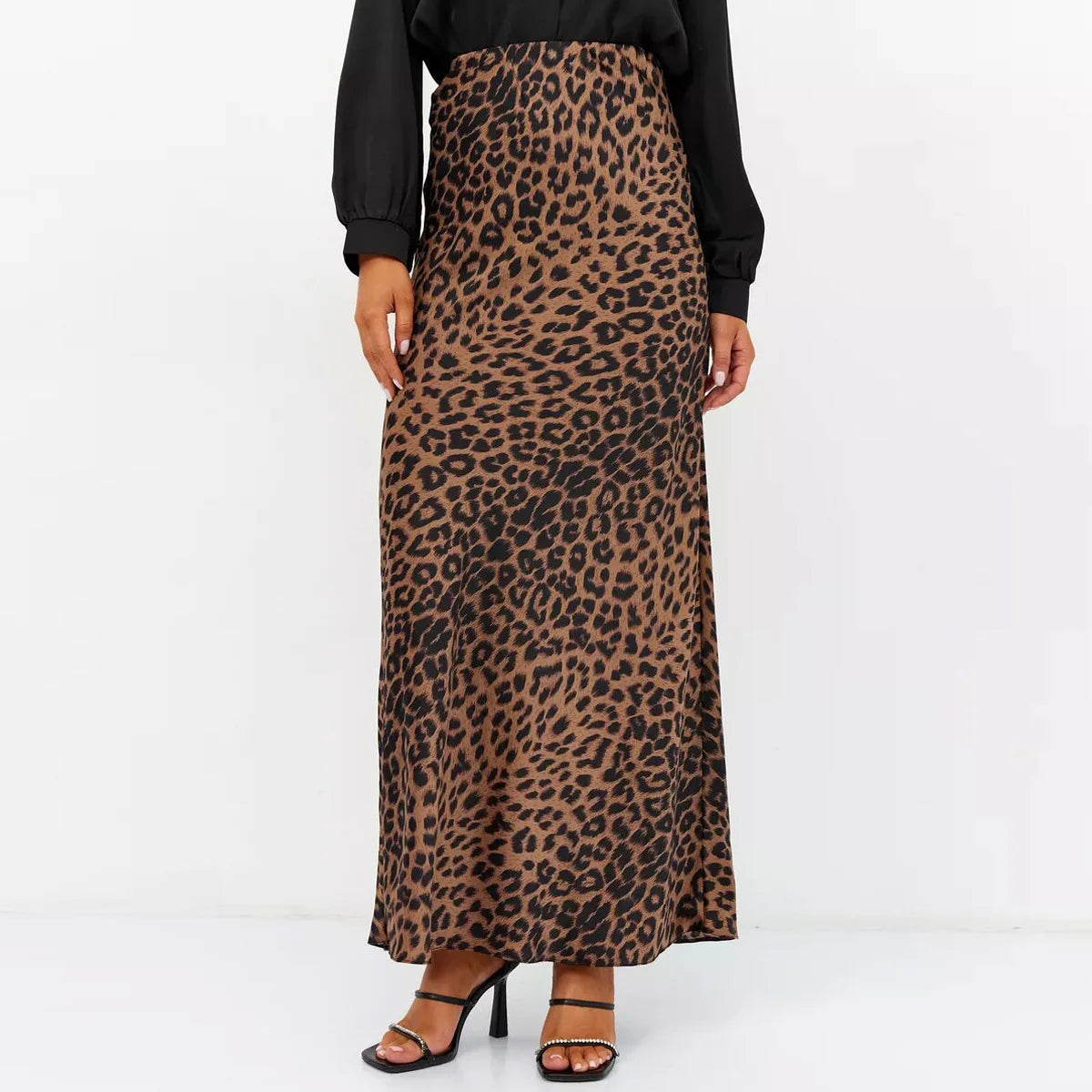 Leopard Print Satin Midi Skirt for Women - Elegant Casual Wear with Flowy Design and Comfortable Fit