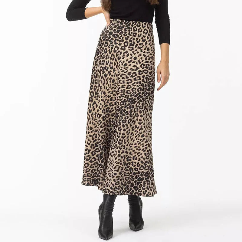 Leopard Print Satin Midi Skirt for Women - Elegant Casual Wear with Flowy Design and Comfortable Fit