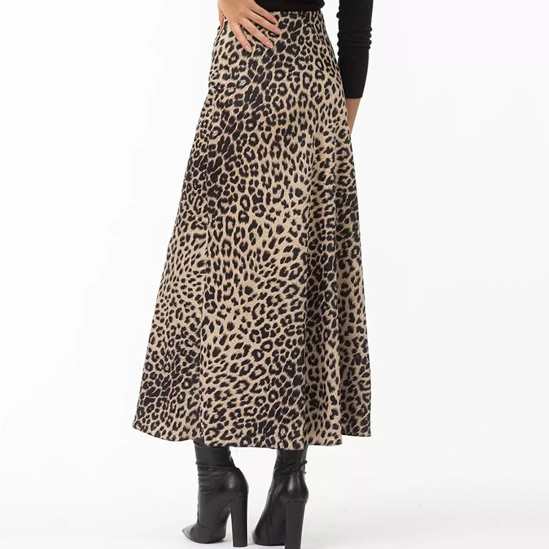 Leopard Print Satin Midi Skirt for Women - Elegant Casual Wear with Flowy Design and Comfortable Fit