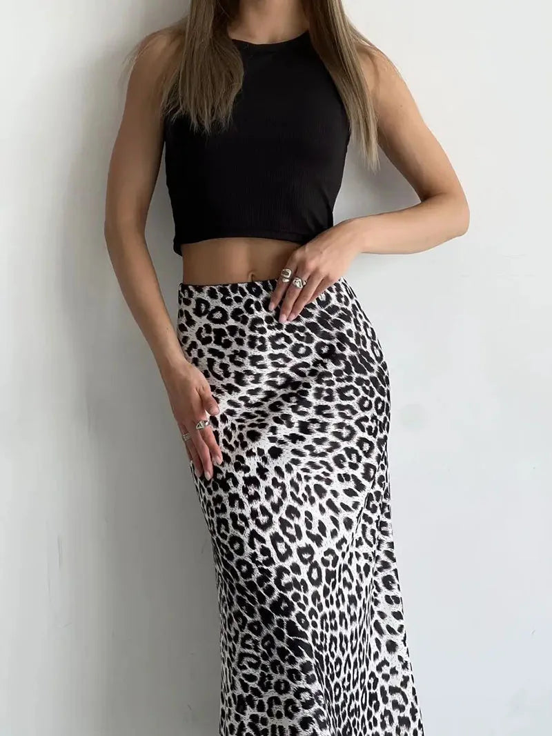 Leopard Print Satin Midi Skirt for Women - Elegant Casual Wear with Flowy Design and Comfortable Fit