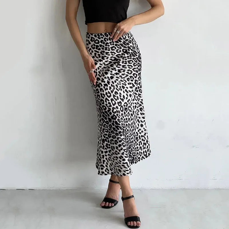 Leopard Print Satin Midi Skirt for Women - Elegant Casual Wear with Flowy Design and Comfortable Fit