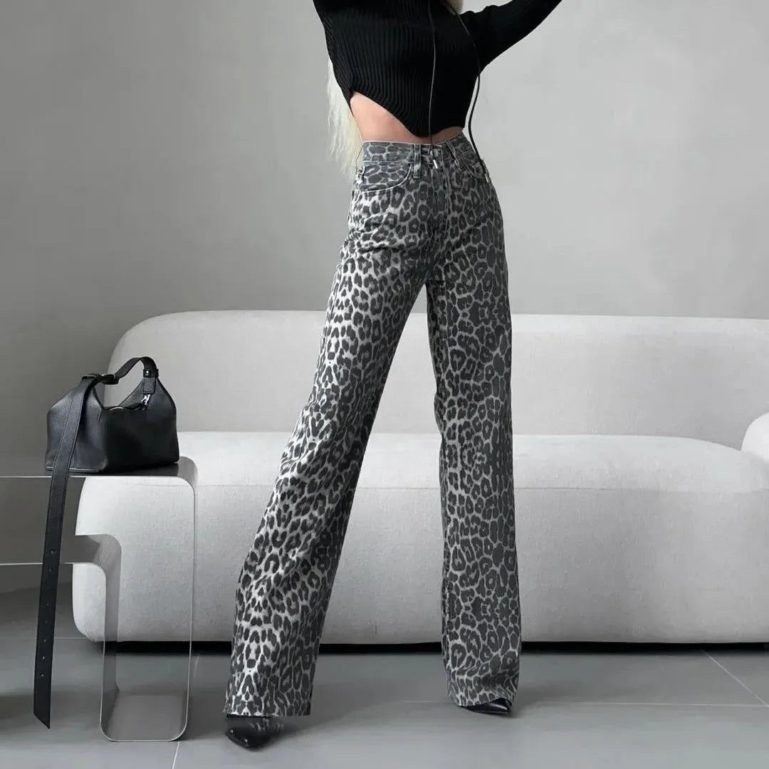 Leopard Print Straight Leg Jeans for Women - Stylish Casual Denim Pants - Versatile Everyday Wear