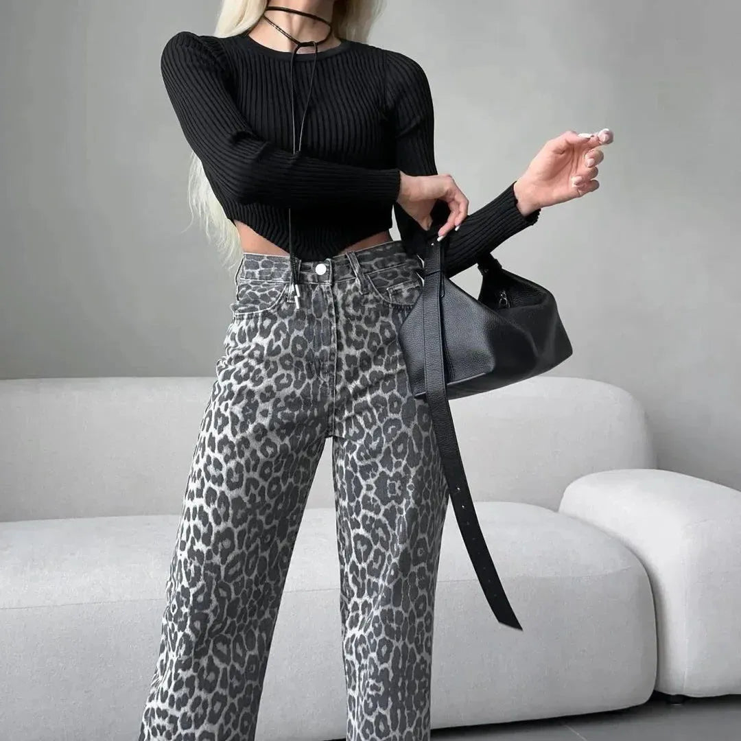 Leopard Print Straight Leg Jeans for Women - Stylish Casual Denim Pants - Versatile Everyday Wear