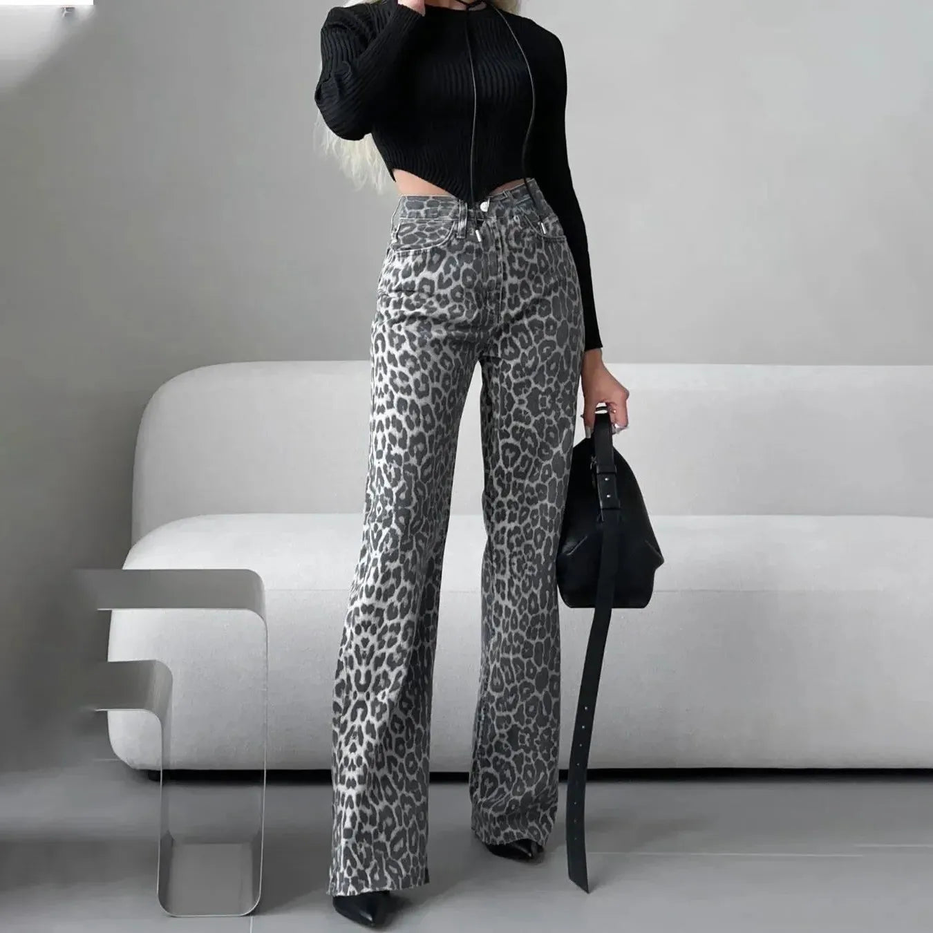 Leopard Print Straight Leg Jeans for Women - Stylish Casual Denim Pants - Versatile Everyday Wear