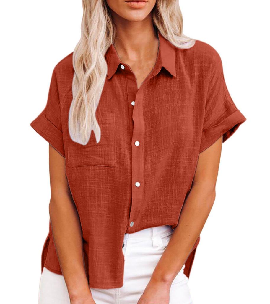 Lightweight Cotton-Linen Blend Women's Blouse - Casual Short Sleeve Top for Everyday Wear