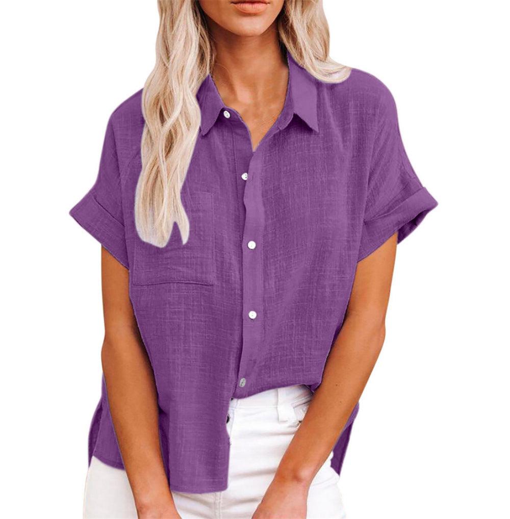 Lightweight Cotton-Linen Blend Women's Blouse - Casual Short Sleeve Top for Everyday Wear
