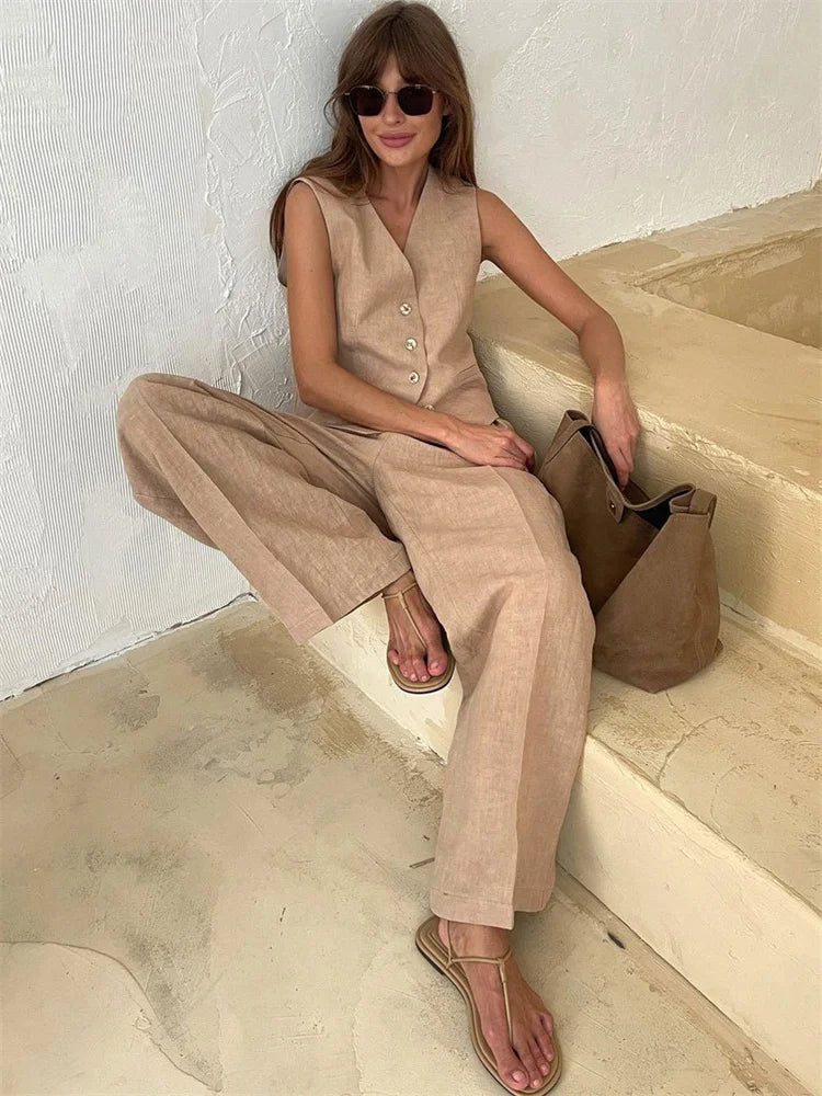 Linen Trouser Set for Women - 100% Natural Fabric - Casual Chic Style - Perfect for Summer Outings and Everyday Wear