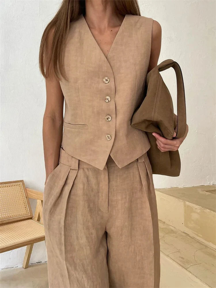 Linen Trouser Set for Women - 100% Natural Fabric - Casual Chic Style - Perfect for Summer Outings and Everyday Wear