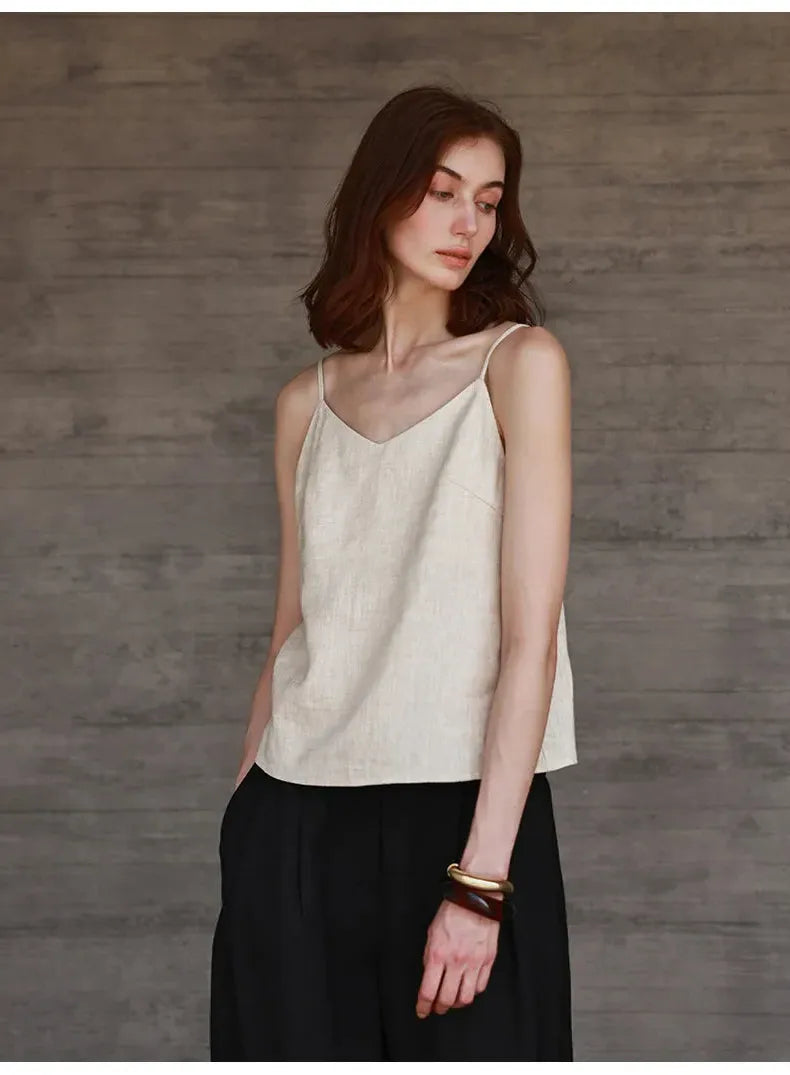 Linen V-Neck Camisole Top for Women - Lightweight, Casual Summer Wear - Perfect for Layering or Standalone