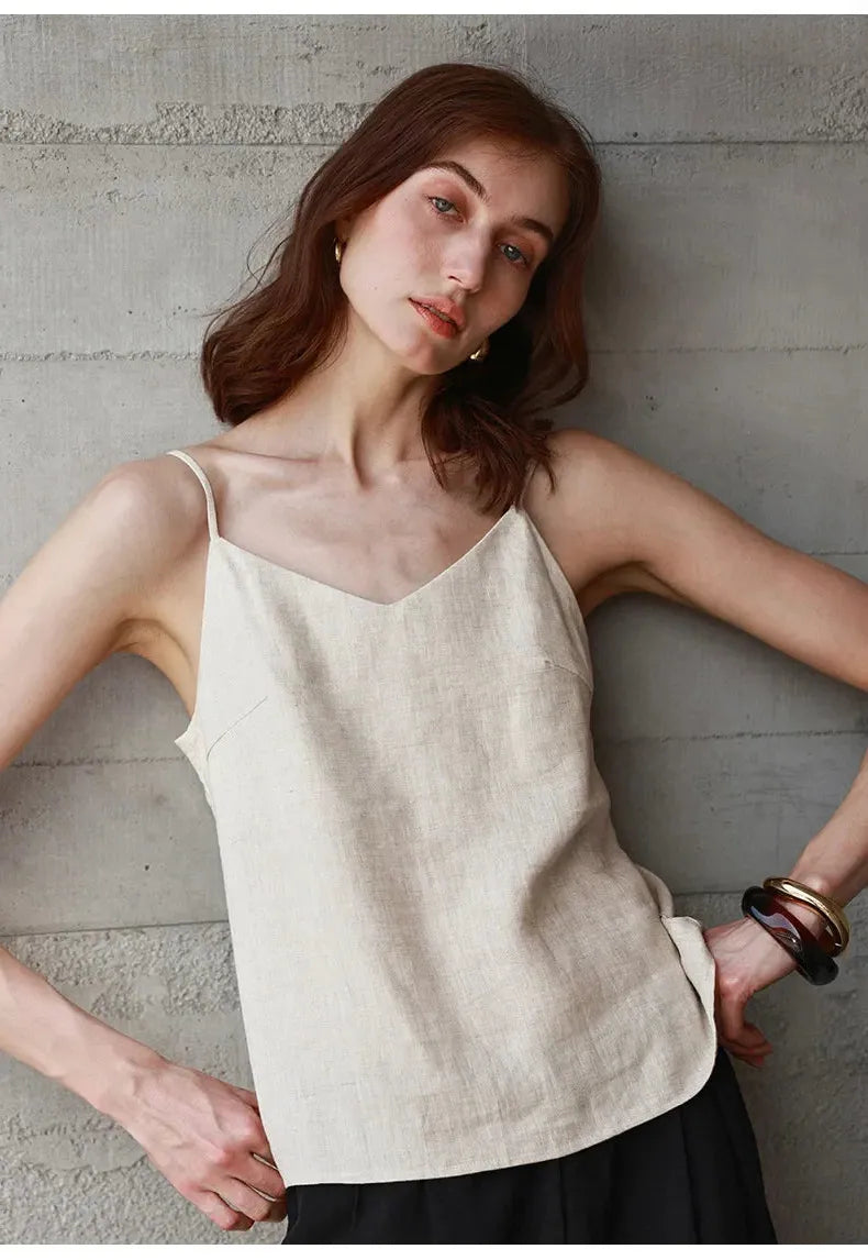 Linen V-Neck Camisole Top for Women - Lightweight, Casual Summer Wear - Perfect for Layering or Standalone