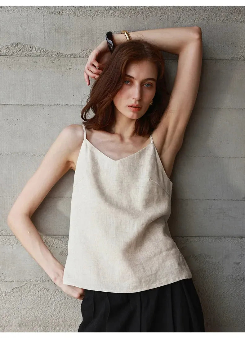 Linen V-Neck Camisole Top for Women - Lightweight, Casual Summer Wear - Perfect for Layering or Standalone