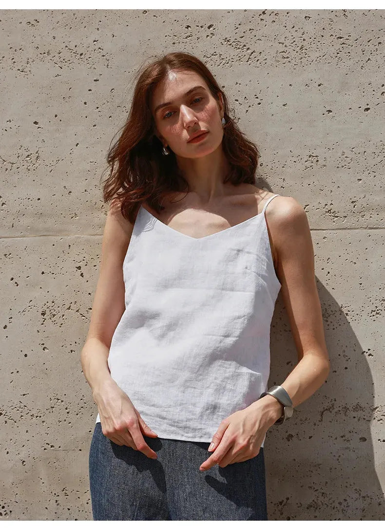 Linen V-Neck Camisole Top for Women - Lightweight, Casual Summer Wear - Perfect for Layering or Standalone