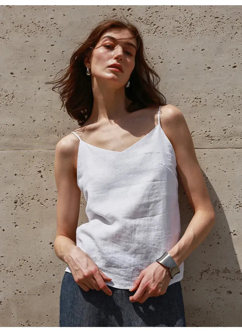 Linen V-Neck Camisole Top for Women - Lightweight, Casual Summer Wear - Perfect for Layering or Standalone