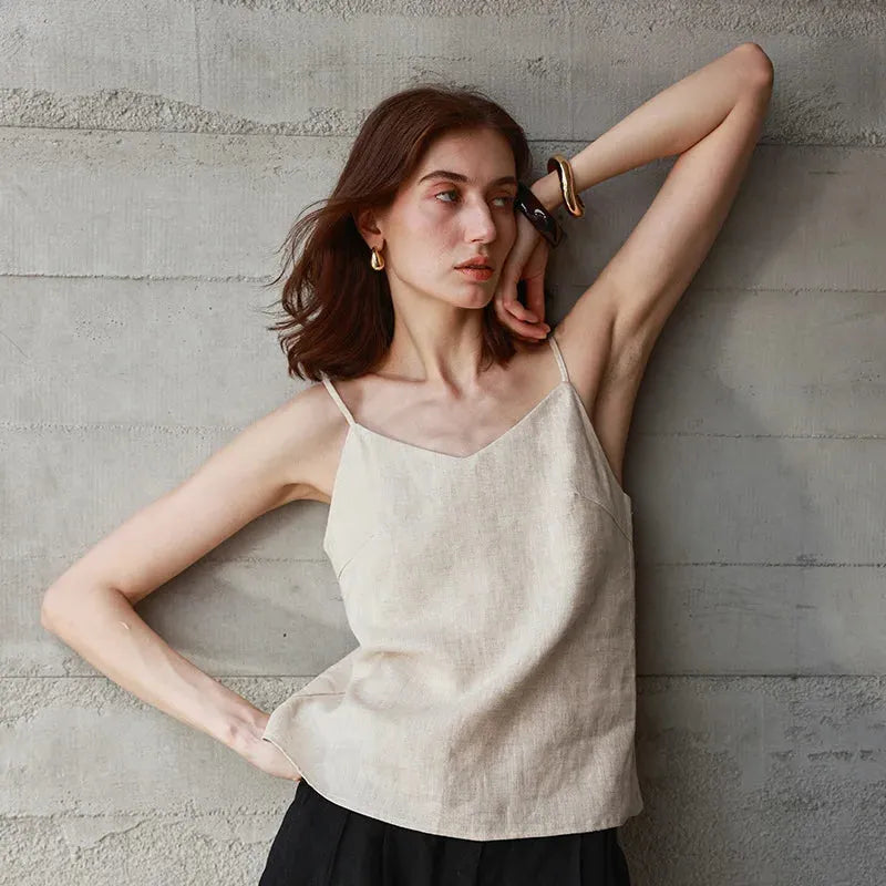 Linen V-Neck Camisole Top for Women - Lightweight, Casual Summer Wear - Perfect for Layering or Standalone