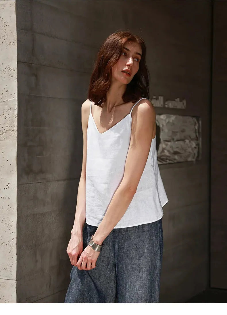Linen V-Neck Camisole Top for Women - Lightweight, Casual Summer Wear - Perfect for Layering or Standalone
