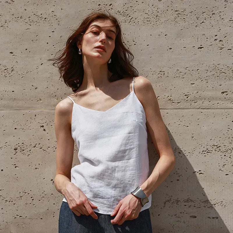 Linen V-Neck Camisole Top for Women - Lightweight, Casual Summer Wear - Perfect for Layering or Standalone
