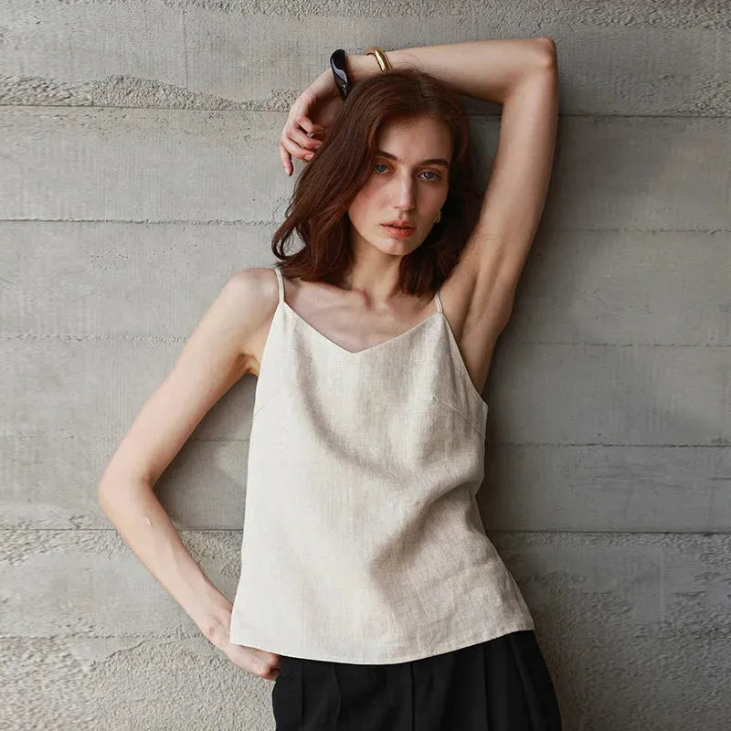 Linen V-Neck Camisole Top for Women - Lightweight, Casual Summer Wear - Perfect for Layering or Standalone