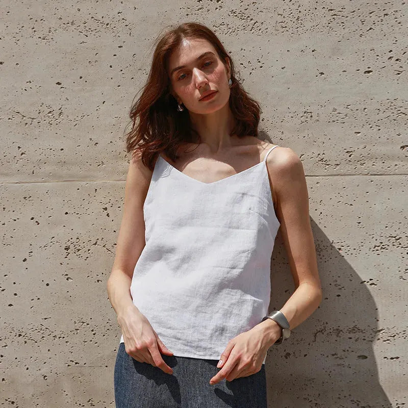 Linen V-Neck Camisole Top for Women - Lightweight, Casual Summer Wear - Perfect for Layering or Standalone