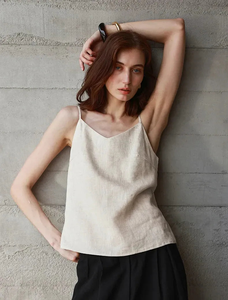 Linen V-Neck Camisole Top for Women - Lightweight, Casual Summer Wear - Perfect for Layering or Standalone