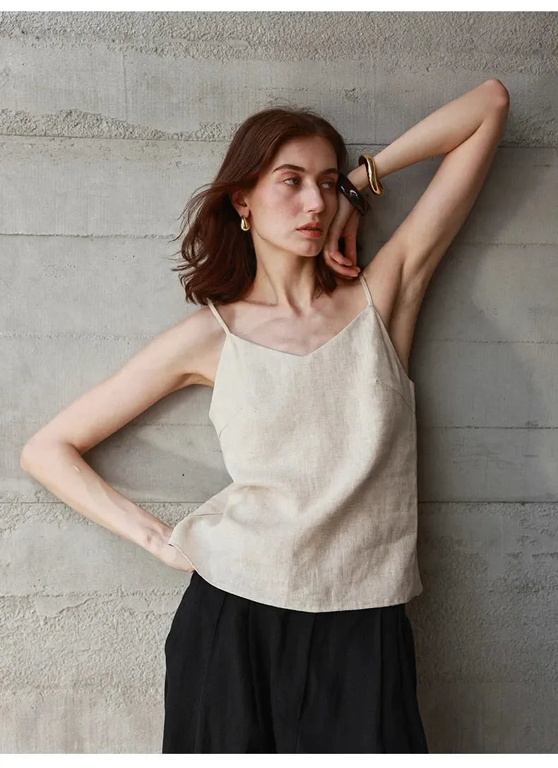 Linen V-Neck Camisole Top for Women - Lightweight, Casual Summer Wear - Perfect for Layering or Standalone