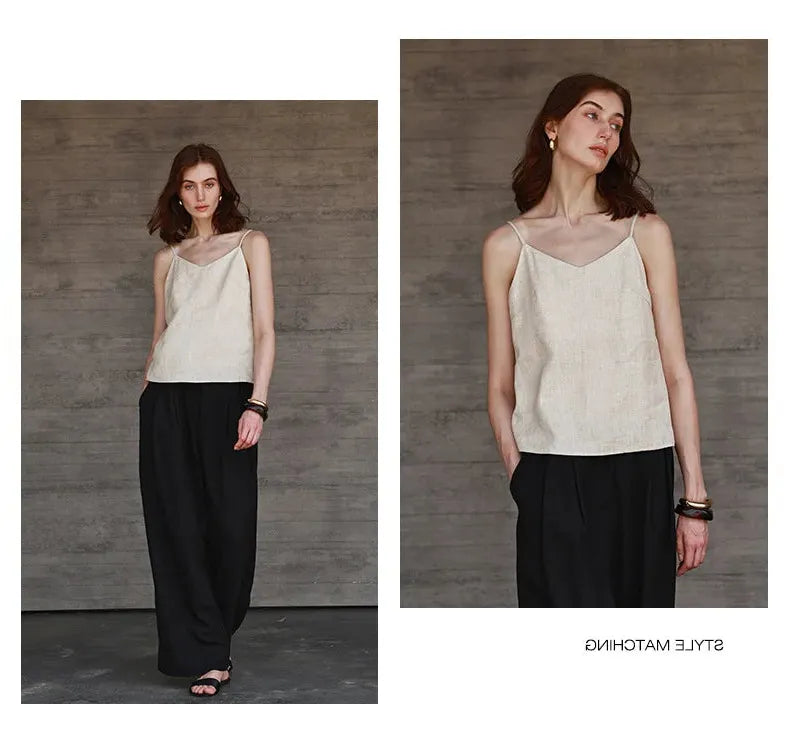 Linen V-Neck Camisole Top for Women - Lightweight, Casual Summer Wear - Perfect for Layering or Standalone