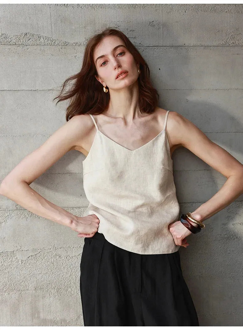 Linen V-Neck Camisole Top for Women - Lightweight, Casual Summer Wear - Perfect for Layering or Standalone