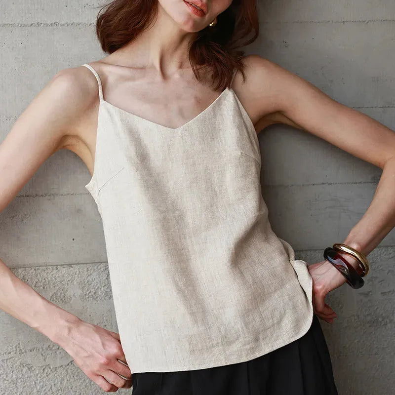 Linen V-Neck Camisole Top for Women - Lightweight, Casual Summer Wear - Perfect for Layering or Standalone