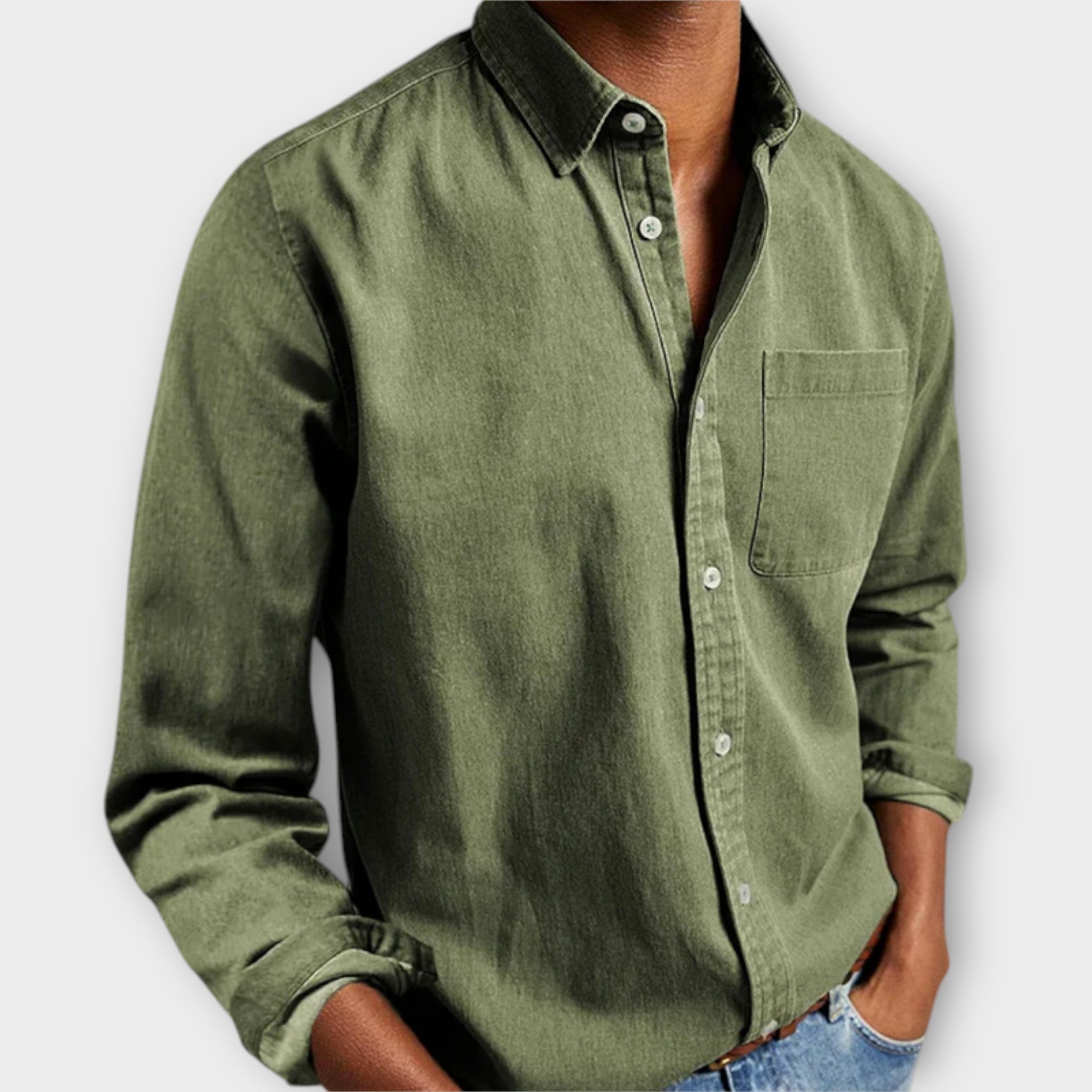 Men's Button-Front Collared Shirt with Long Sleeves and Chest Pocket