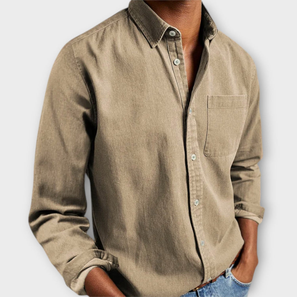 Men's Button-Front Collared Shirt with Long Sleeves and Chest Pocket