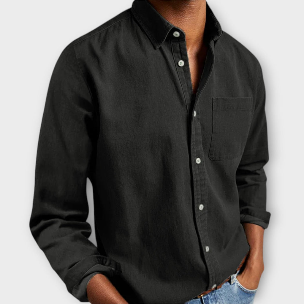 Men's Button-Front Collared Shirt with Long Sleeves and Chest Pocket