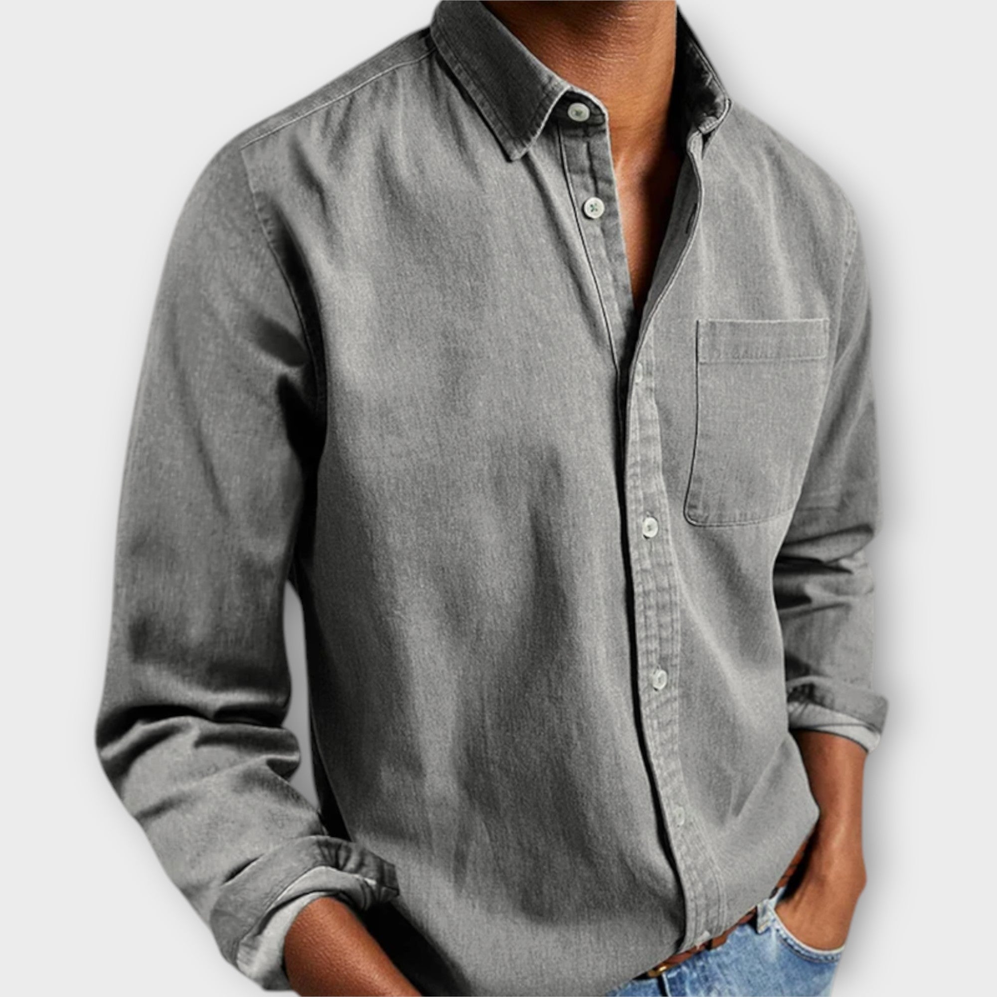 Men's Button-Front Collared Shirt with Long Sleeves and Chest Pocket