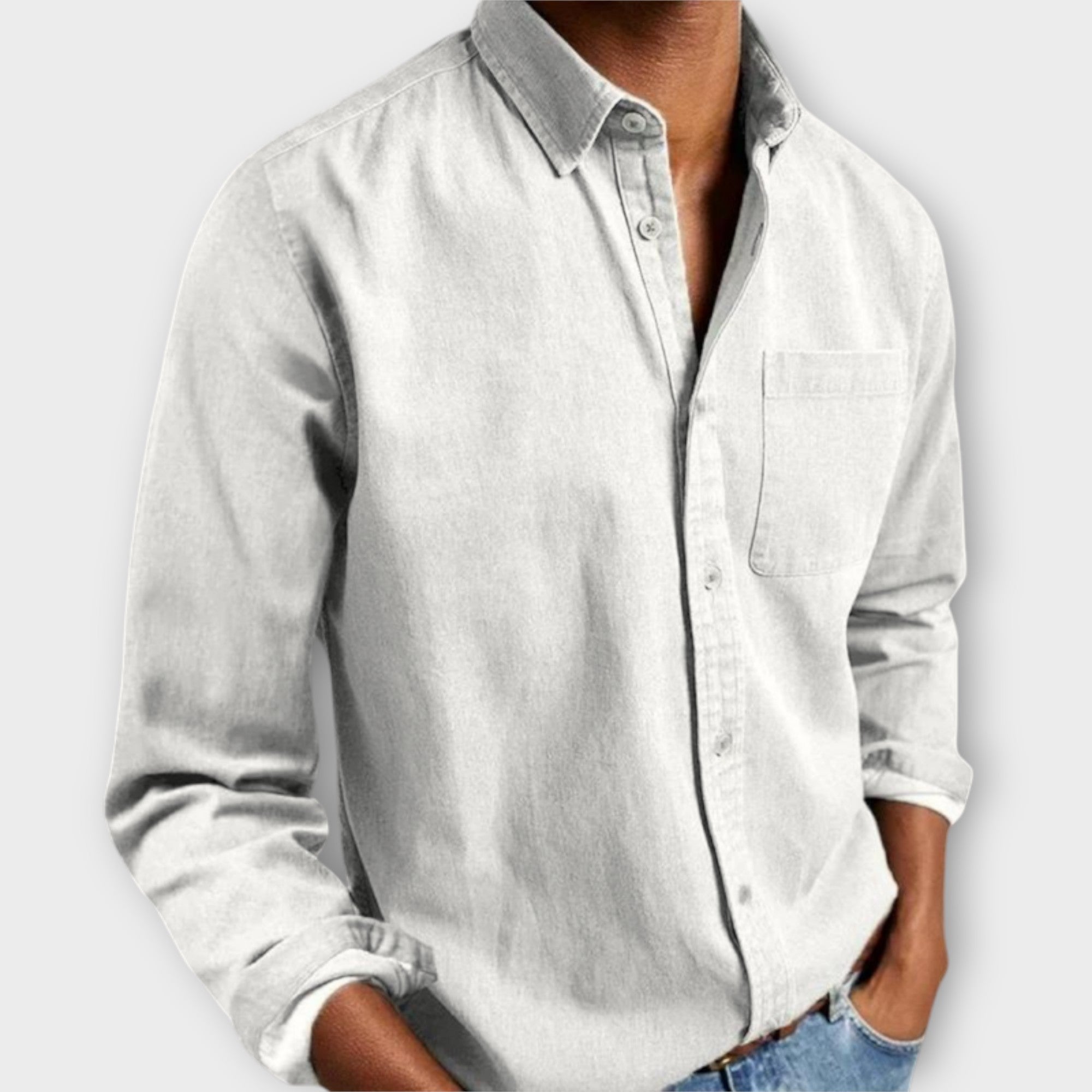 Men's Button-Front Collared Shirt with Long Sleeves and Chest Pocket