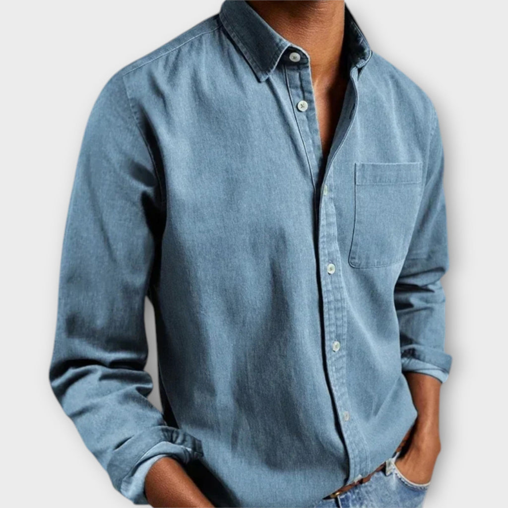 Men's Button-Front Collared Shirt with Long Sleeves and Chest Pocket