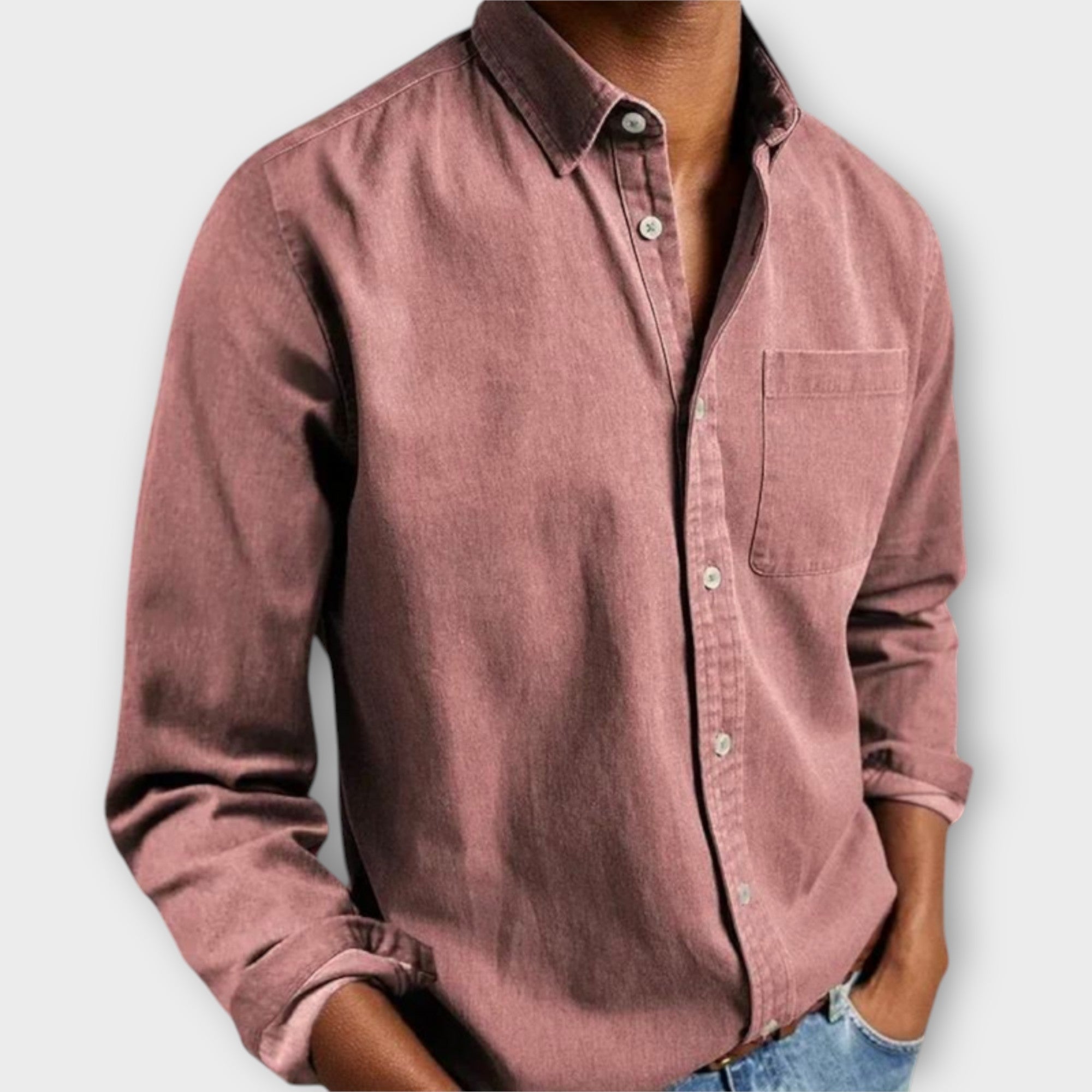 Men's Button-Front Collared Shirt with Long Sleeves and Chest Pocket