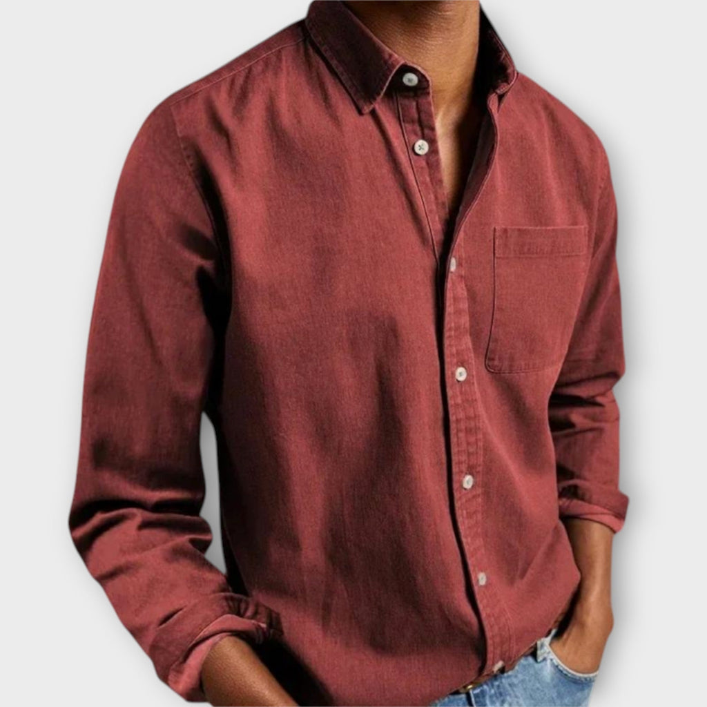 Men's Button-Front Collared Shirt with Long Sleeves and Chest Pocket