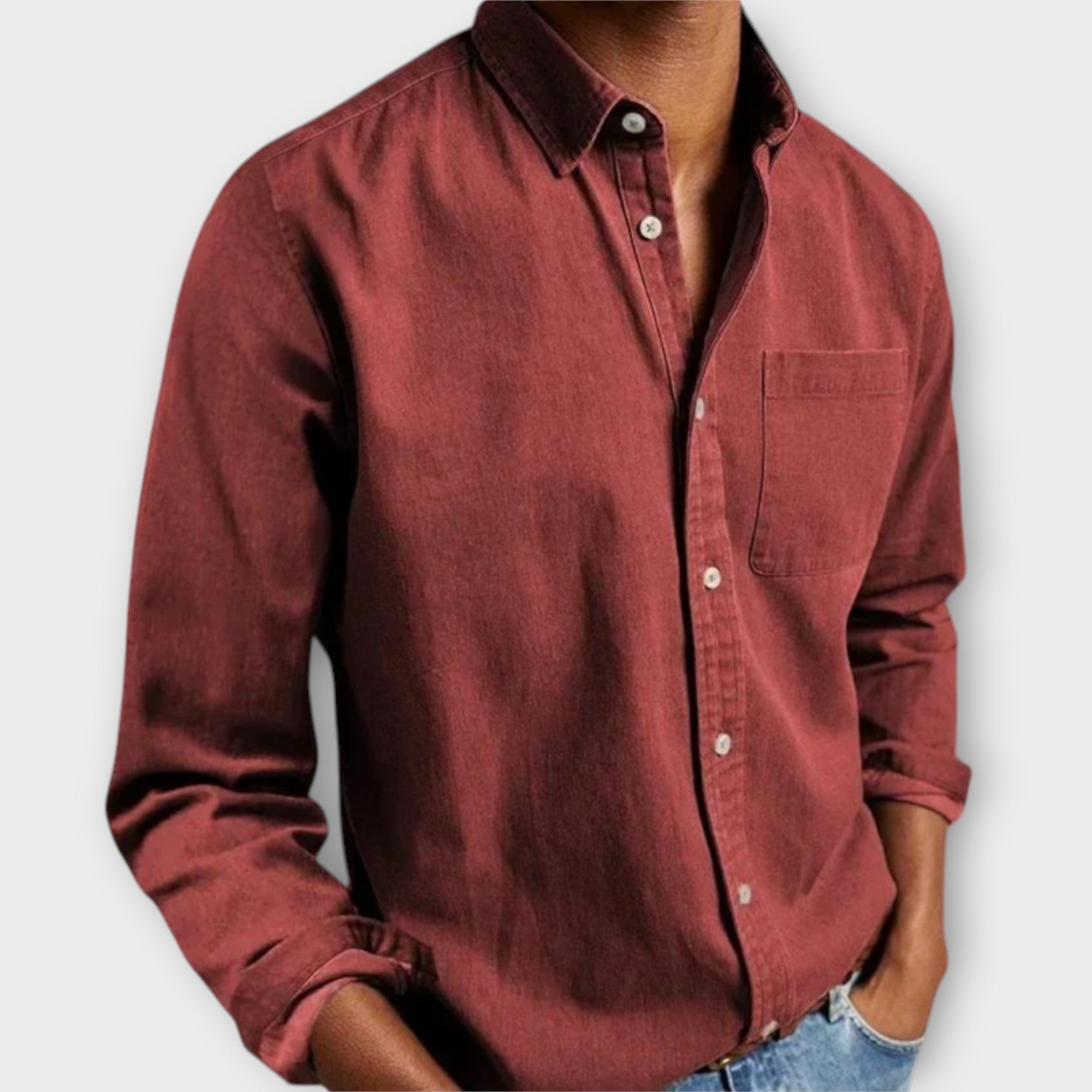 Men's Button-Front Collared Shirt with Long Sleeves and Chest Pocket