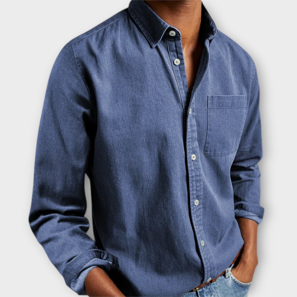 Men's Button-Front Collared Shirt with Long Sleeves and Chest Pocket