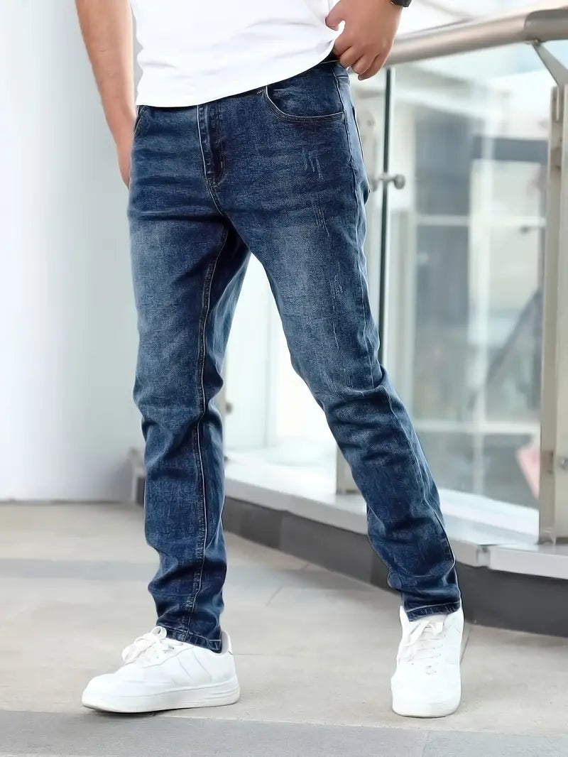 Men's Denim Jeans with Pockets - Casual Fit, Versatile Everyday Wear, Durable Cotton Fabric