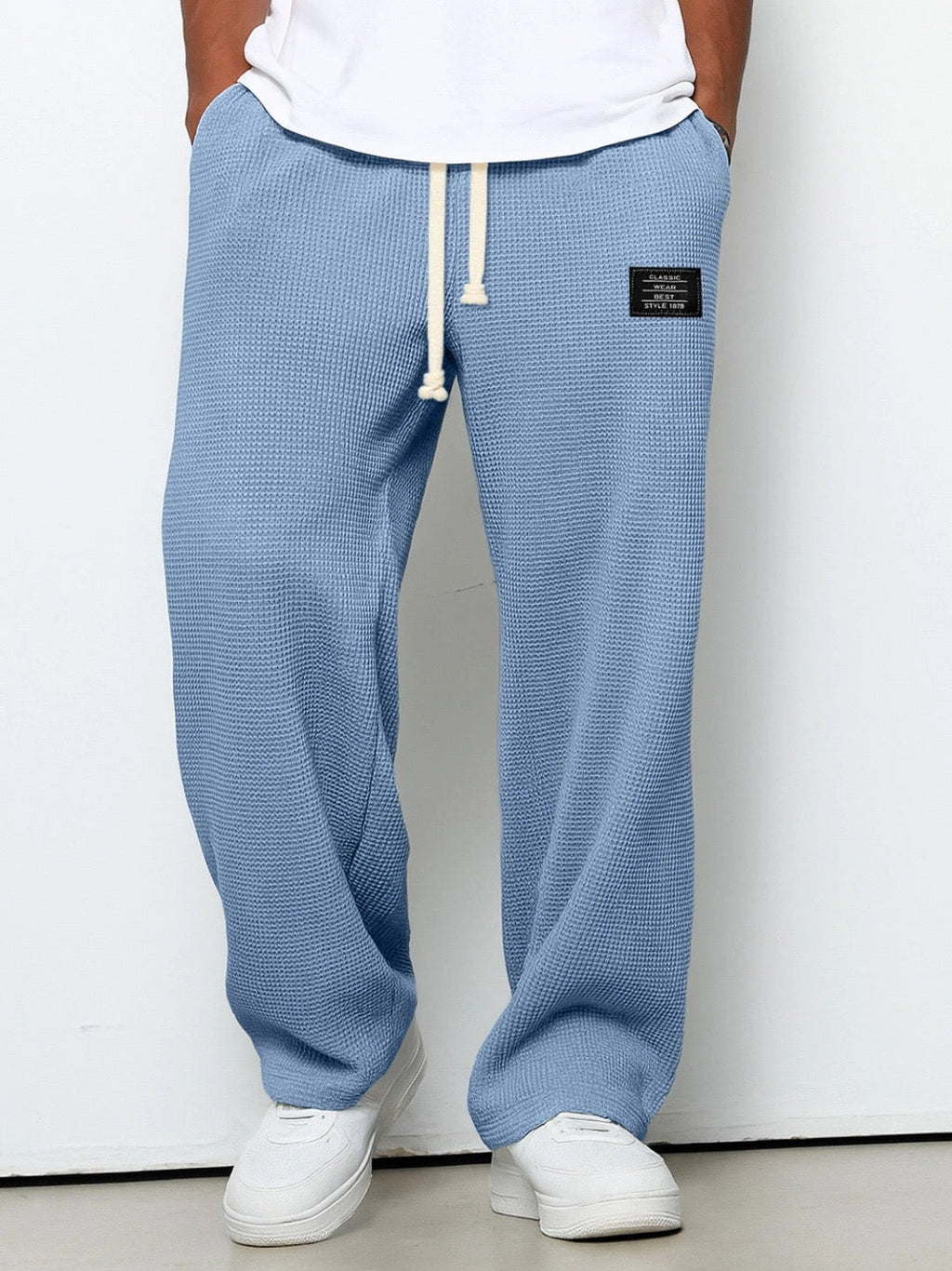 Men's Drawstring Waffle-Textured Full-Length Pants with Side Pockets and Wide Legs