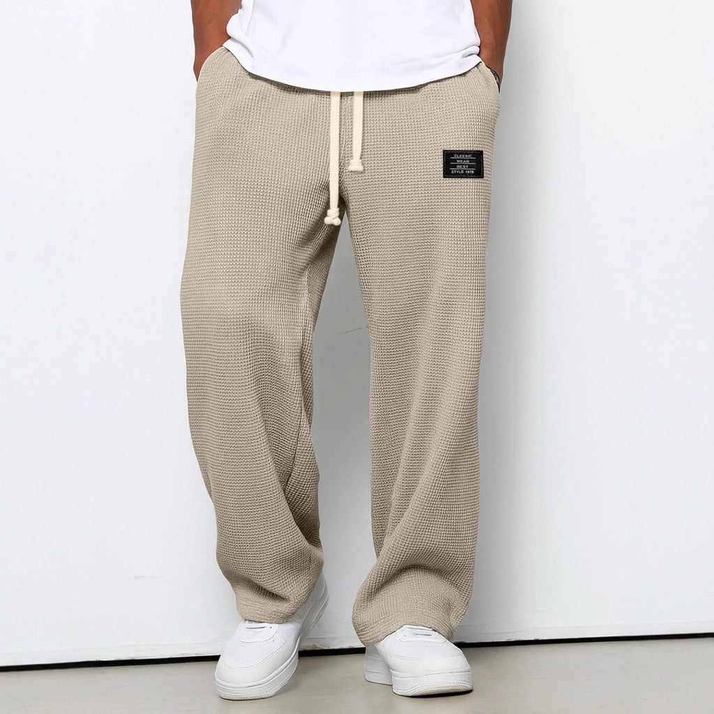 Men's Drawstring Waffle-Textured Full-Length Pants with Side Pockets and Wide Legs