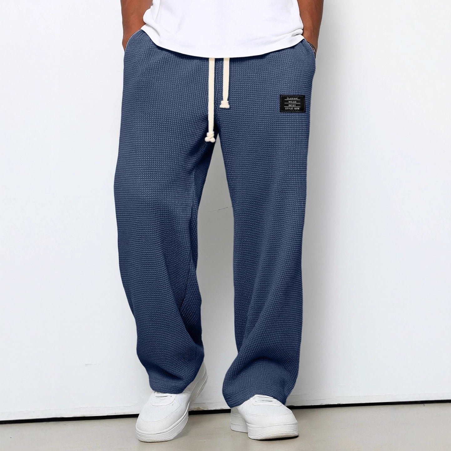 Men's Drawstring Waffle-Textured Full-Length Pants with Side Pockets and Wide Legs