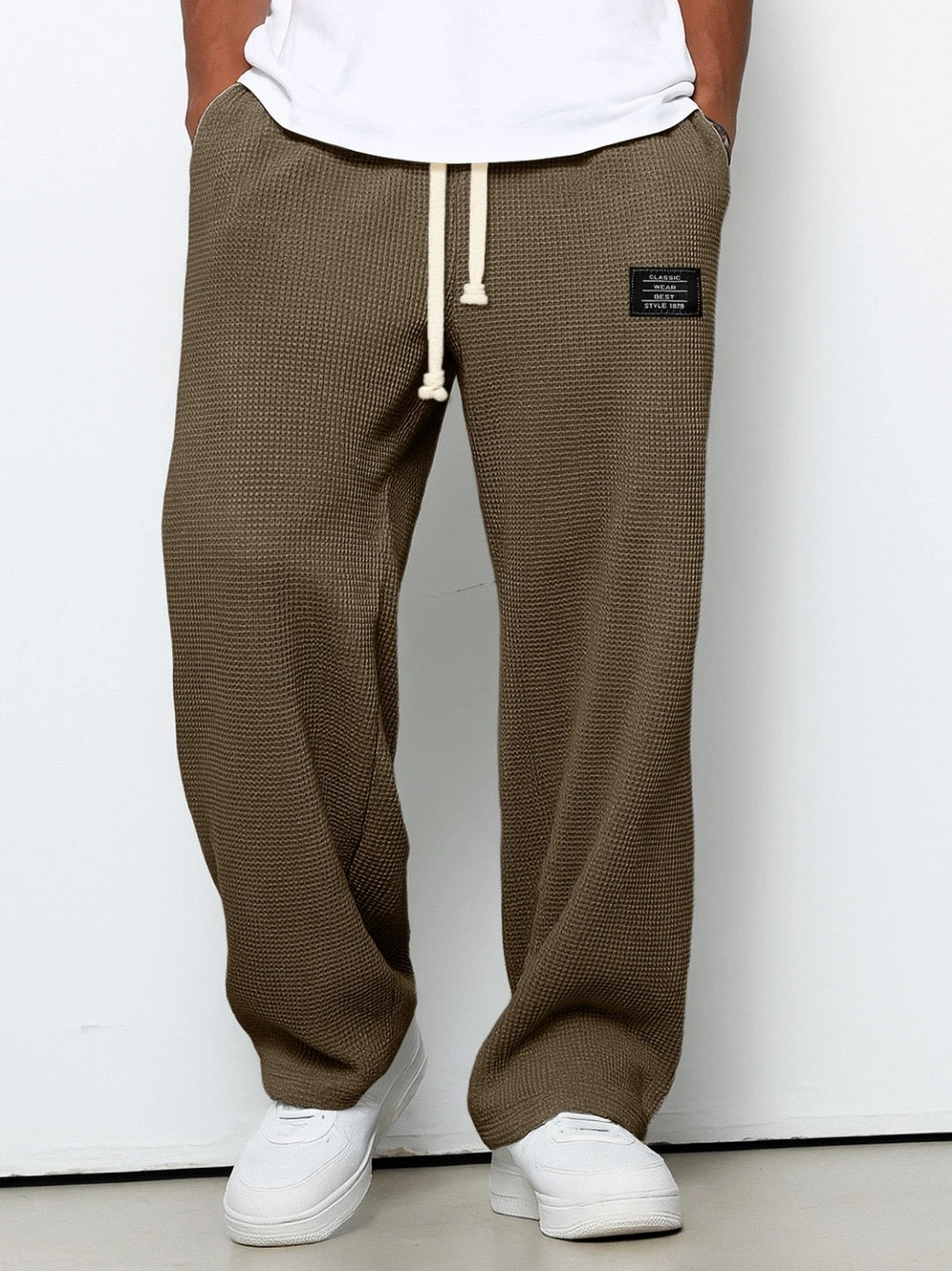 Men's Drawstring Waffle-Textured Full-Length Pants with Side Pockets and Wide Legs