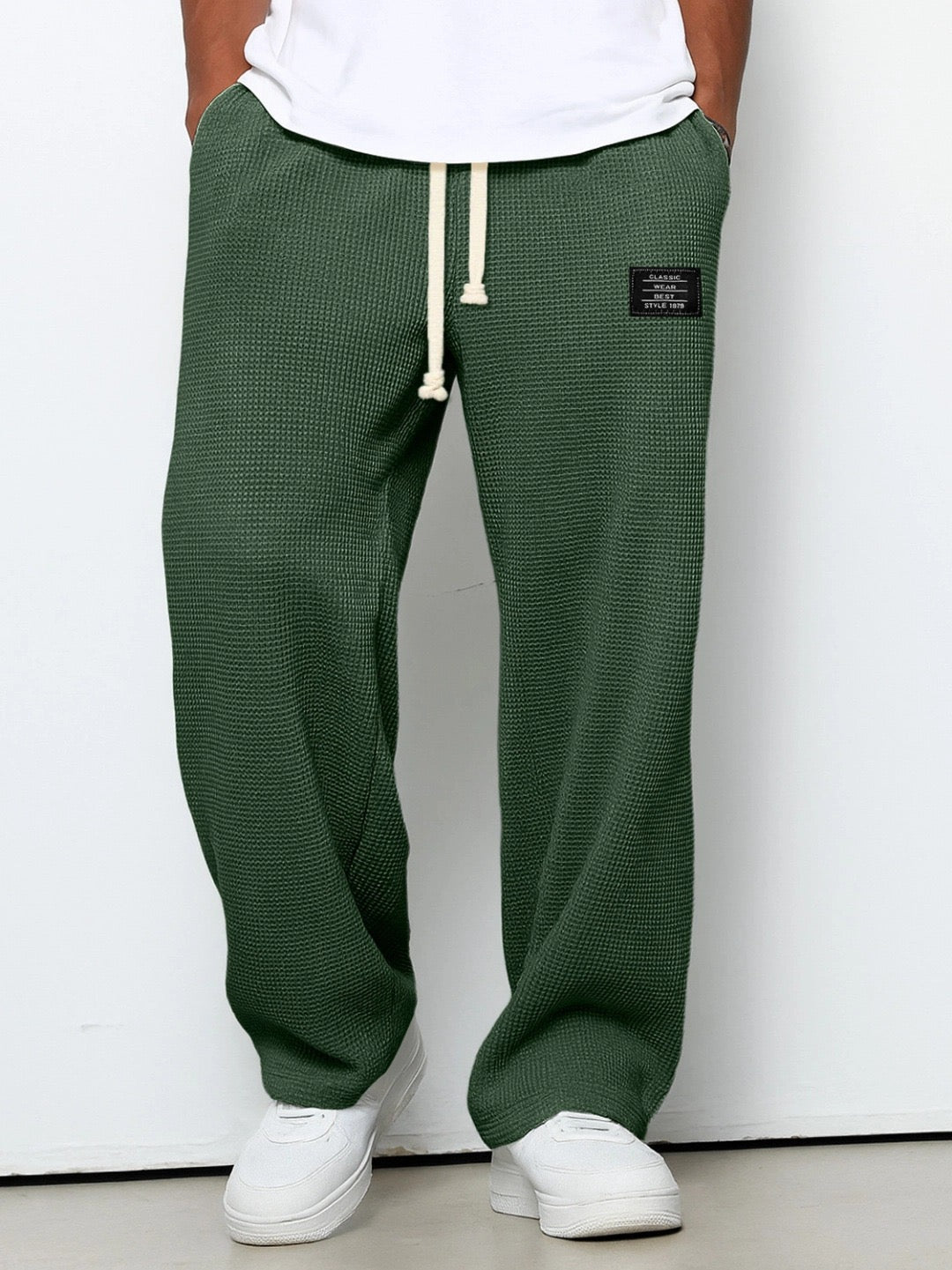 Men's Drawstring Waffle-Textured Full-Length Pants with Side Pockets and Wide Legs