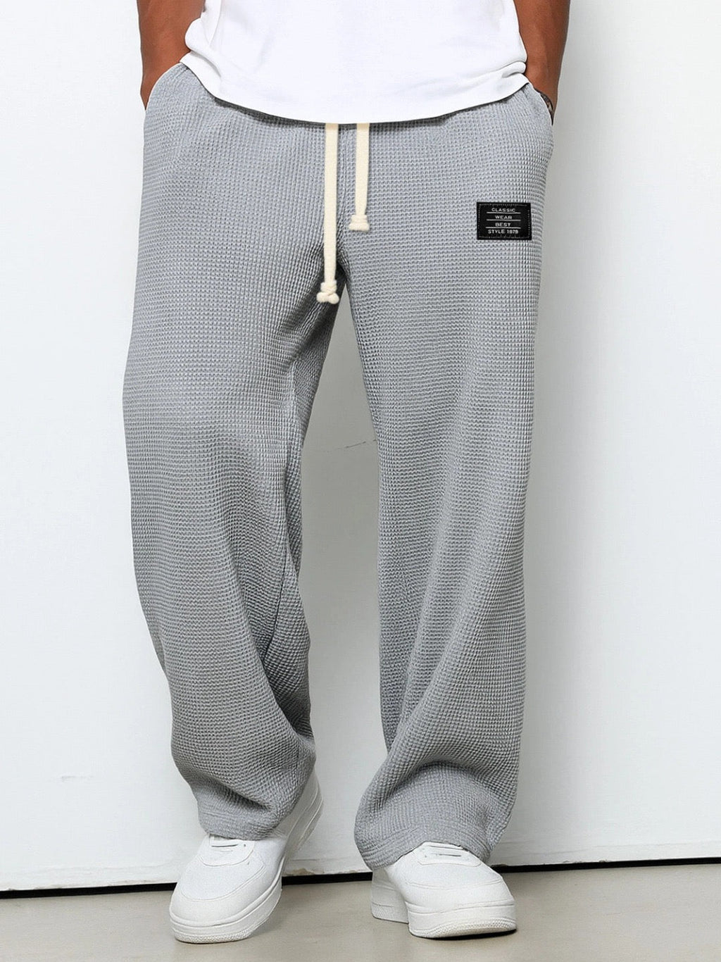 Men's Drawstring Waffle-Textured Full-Length Pants with Side Pockets and Wide Legs